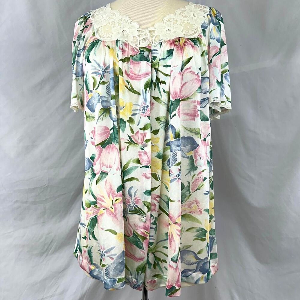 VANITY FAIRY‎ VTG 70s Cream Floral Button Sleepwear Pajama Top Womens M Coquette